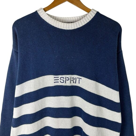 Vintage 90s Esprit Sport Mens Sz M Sweater Crewneck Knit USA Spell Out Striped - Picture 2 of 5
